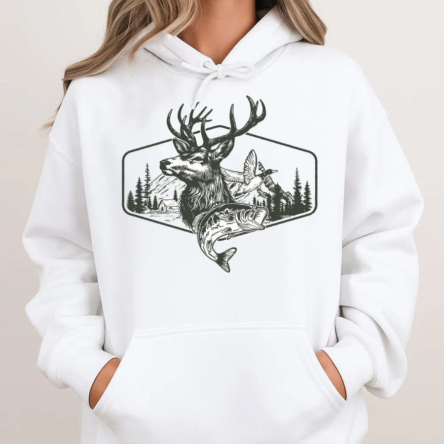 Hunting Hoodie | Vintage Deer and Duck Forest Graphic | Premium Cotton Blend | Gift for Outdoorsmen and Hunters
