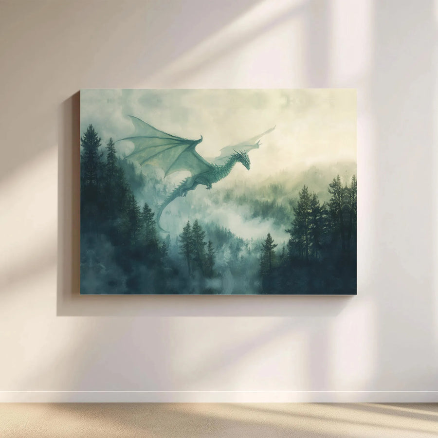 Dragon Wall Art Canvas | Misty Pine Forest Fantasy Landscape | Gallery Wrap Premium Print | Magical Home Decor Gift for Fantasy Lovers