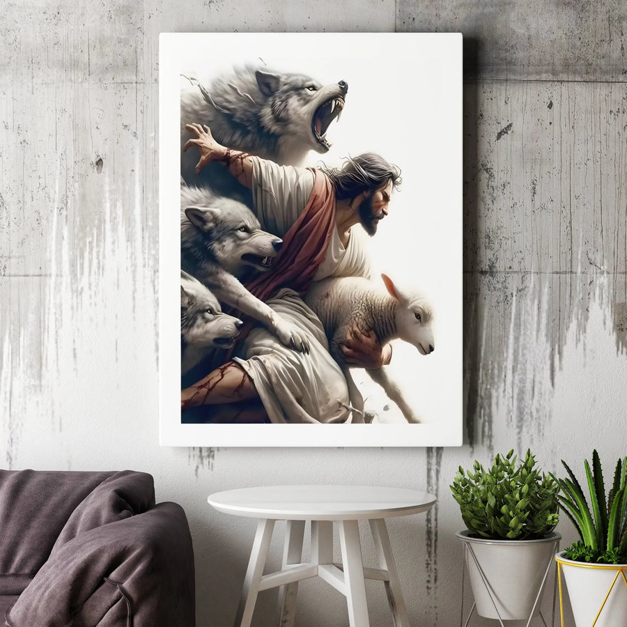 Jesus Protecting Lamb From Wolves Canvas | Religious Wall Art Print | Premium 1.25 Inch Gallery Wrap | Christian Home Decor Gift