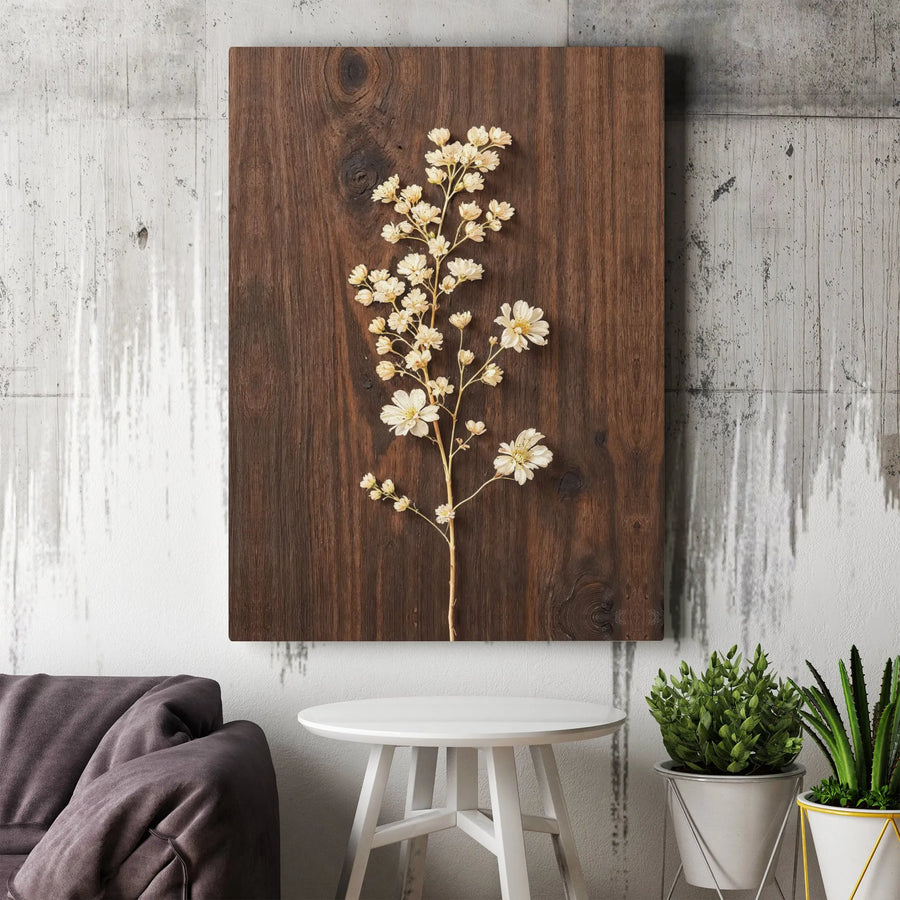 White Wildflower Canvas Art | Rustic Dark Wood Botanical Wall Decor | Fade-Resistant Premium Gallery Wrap | Nature Inspired Gift for Home Office
