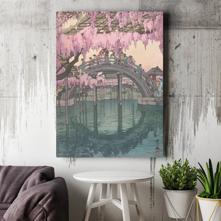 Japanese Wisteria Canvas Wall Art | Ukiyo-e Kameido Shrine Print | Gallery Quality Framed Decor | Traditional Asian Home Decor Gift