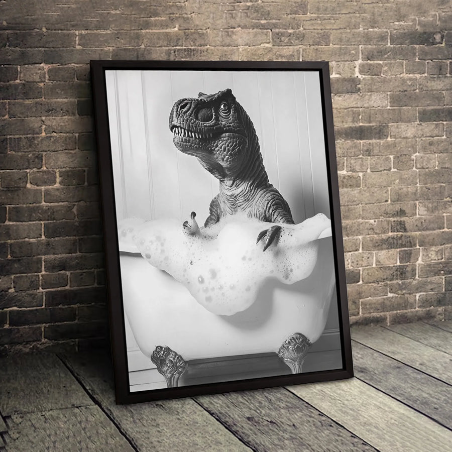T-Rex Bubble Bath Canvas Wall Art | Funny Dinosaur Bathroom Decor | Premium Gallery Wrap Print | Whimsical Animal Home Gift