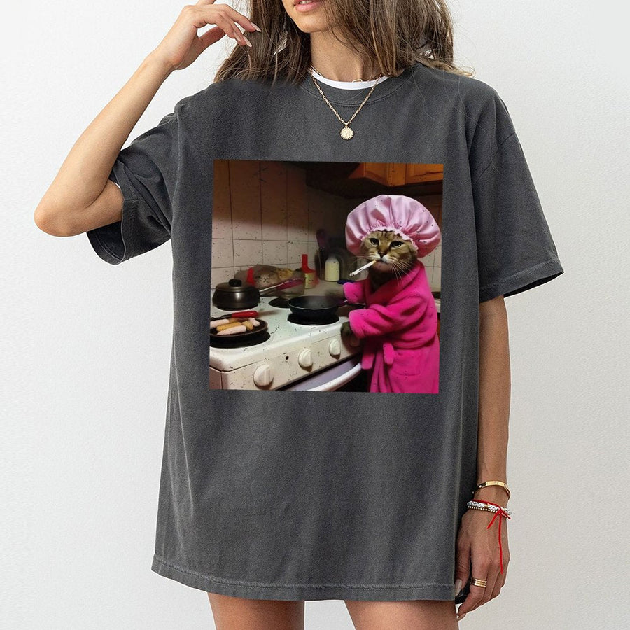 Funny Cooking Cat T-Shirt | Sassy Cat In Pink Shower Cap Graphic | Premium Cotton Unisex Tee | Quirky Meme Gift For Cat Lovers