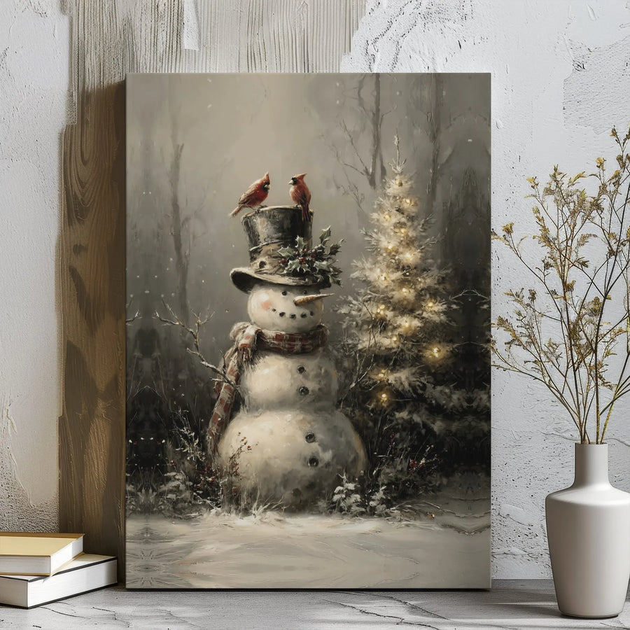 Snowman Canvas Wall Art | Christmas Cardinal Winter Scene | Premium Gallery Wrap Decor | Festive Holiday Gift for Home