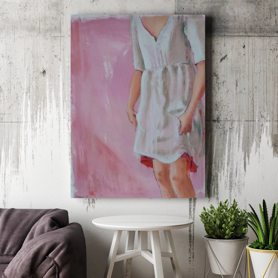 Figurative Painting Canvas Print | Woman in White Dress Morning Light Art | Premium Gallery Wrapped Canvas | Modern Home Decor Gift for Art Lover