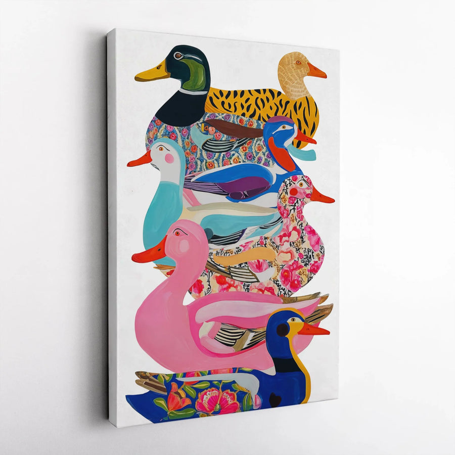 Stacked Ducks Wall Art | Colorful Floral Bird Print | Premium 1.25-Inch Gallery Wrapped Canvas | Whimsical Nursery or Home Decor Gift