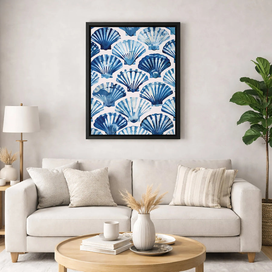 Blue Seashell Canvas Wall Art | Watercolor Scallop Shell Pattern | Premium Gallery-Wrapped Print | Coastal Beach House Decor