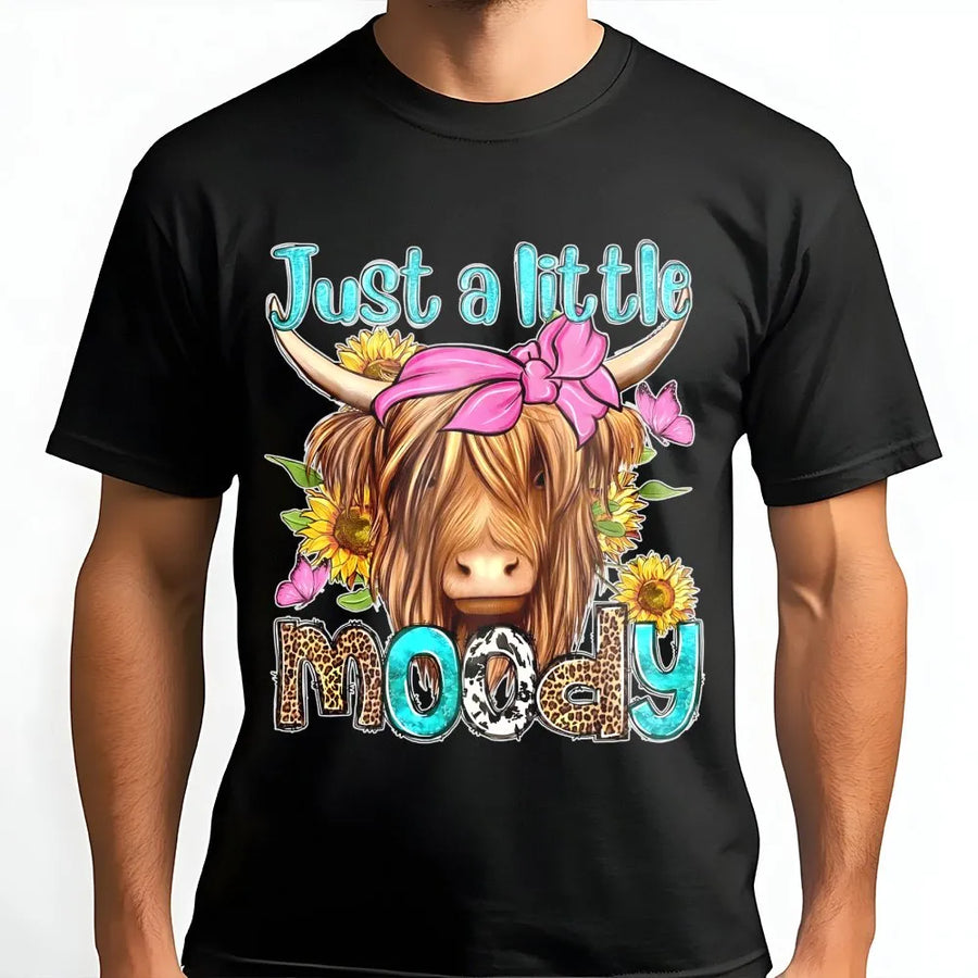 Just A Little Moody Highland Cow T-Shirt | Boho Sunflower Animal Graphic | Premium Soft Cotton Tee | Funny Farm Animal Gift For Women