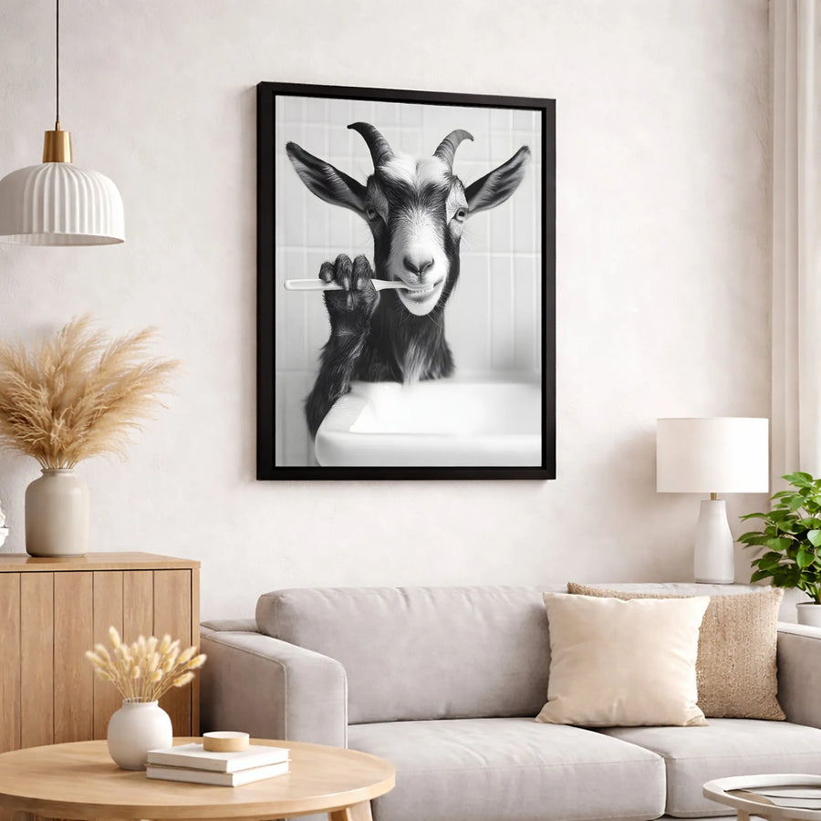 Funny Goat Brushing Teeth Canvas Art | Black and White Bathroom Wall Decor | Premium 1.25" Gallery Wrap | Whimsical Animal Farmhouse Gift