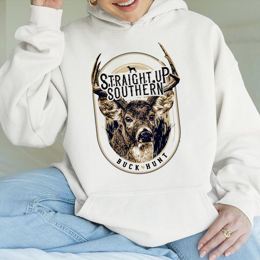 Deer Hunting Hoodie | Straight Up Southern Buck Graphic | Premium Cotton Blend | Gift For Outdoorsman And Hunter