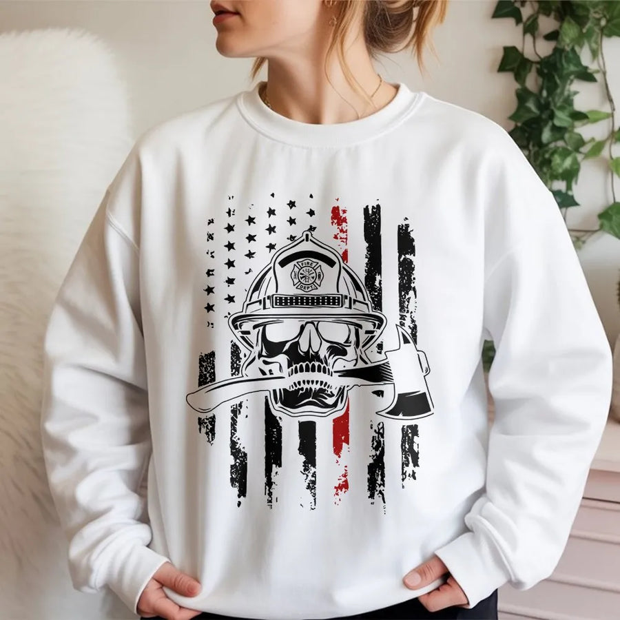 Firefighter Skull Sweatshirt | Thin Red Line American Flag Graphic | Premium Cotton Blend Unisex Crewneck | Heroic First Responder Gift For Fireman