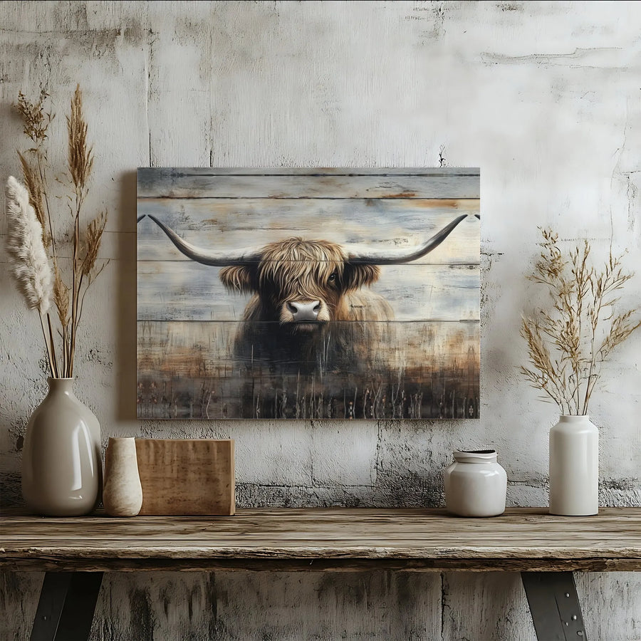 Scottish Highland Cow Canvas Wall Art | Rustic Farmhouse Wood Print | Premium Gallery Wrapped Decor | Gift for Farmhouse Decor Lovers