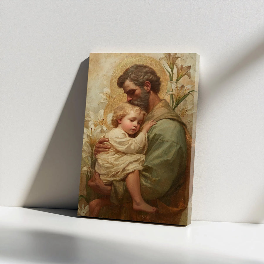 Saint Joseph Holding Baby Jesus Canvas | Religious Wall Art With White Lilies | Premium Gallery Wrap Print | Catholic Home Decor Gift