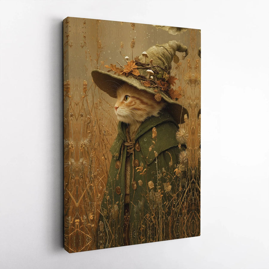 Witch Cat Canvas Wall Art | Fantasy Mushroom Hat Illustration | Premium Canvas Print | Cottagecore Home Decor Gift for Cat Lover