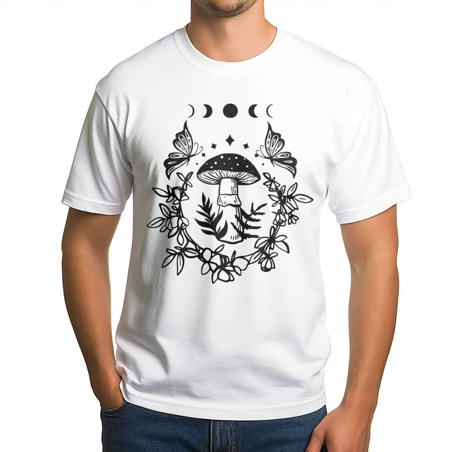 Mushroom Butterfly T-Shirt | Celestial Moon Phase Graphic | Premium 100% Cotton Tee | Cottagecore Aesthetic Gift for Nature Lovers