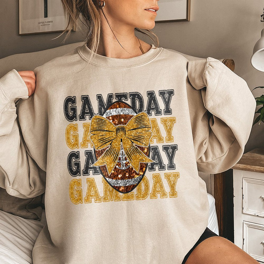 Gameday Football Sweatshirt | Gold Glitter Bow Graphic Design | Premium Cotton Blend | Trendy Coquette Game Day Apparel for Women