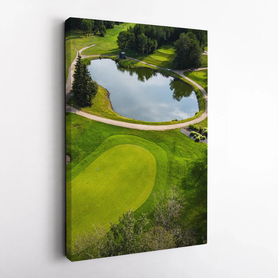 Golf Course Aerial Wall Art | Green Putting Green With Pond Landscape | Premium Gallery Wrapped Canvas | Gift For Golfers & Office Decor