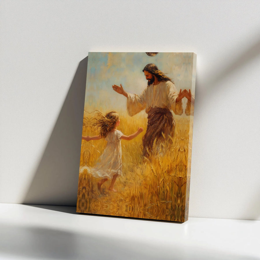 Jesus and Child Canvas Wall Art | Golden Wheat Field Painting | Premium Gallery Wrapped Decor | Christian Religious Gift for Nursery or Living Room