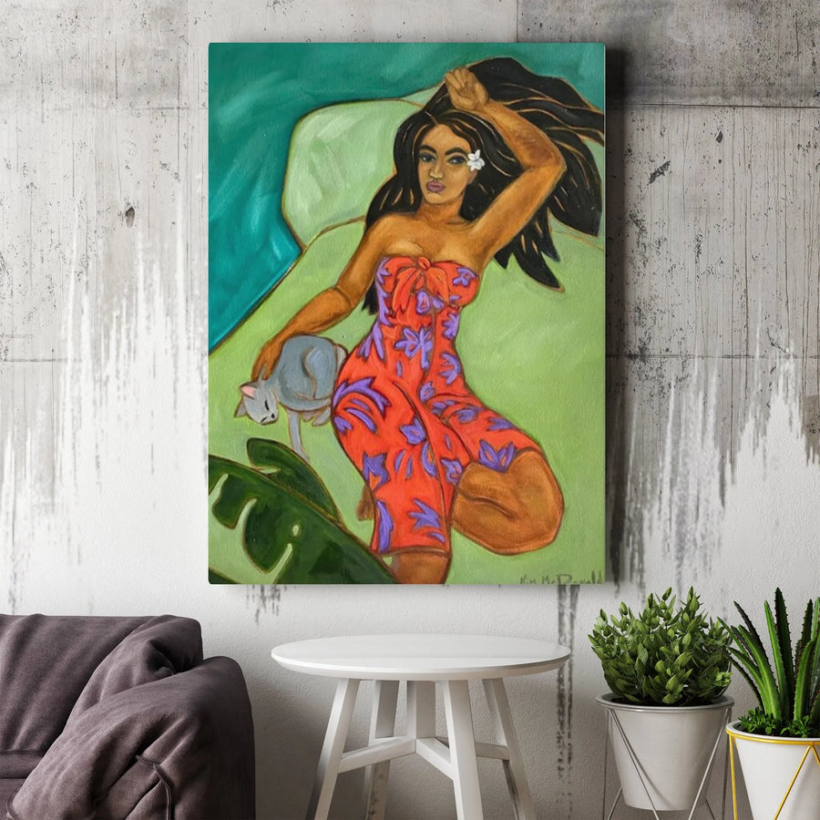 Polynesian Woman and Cat Canvas Print | Vibrant Tropical Portrait Painting | Premium Gallery Wrap Wall Art | Gift for Boho Home Decor