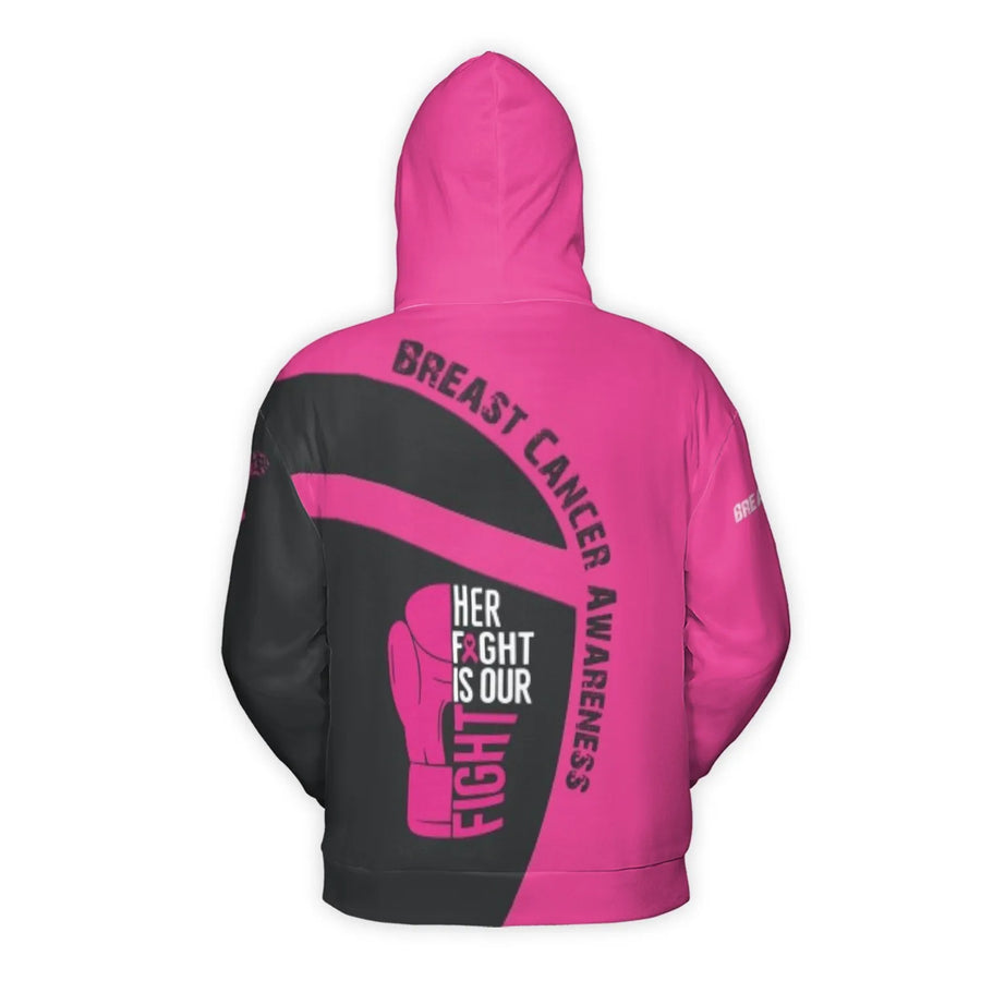 Breast Cancer Awareness Hoodie | Her Fight Is Our Fight Pink Ribbon Boxing Glove Design | Premium 3D Print Fleece | Gift For Supporters And Survivors