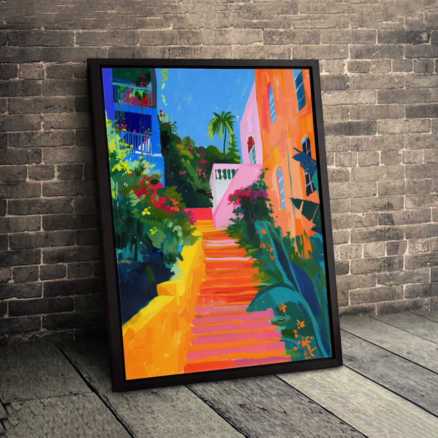 Tropical Street Canvas Print | Vibrant Mediterranean Staircase Art | Gallery Quality Fade-Resistant | Bohemian Home Decor Gift