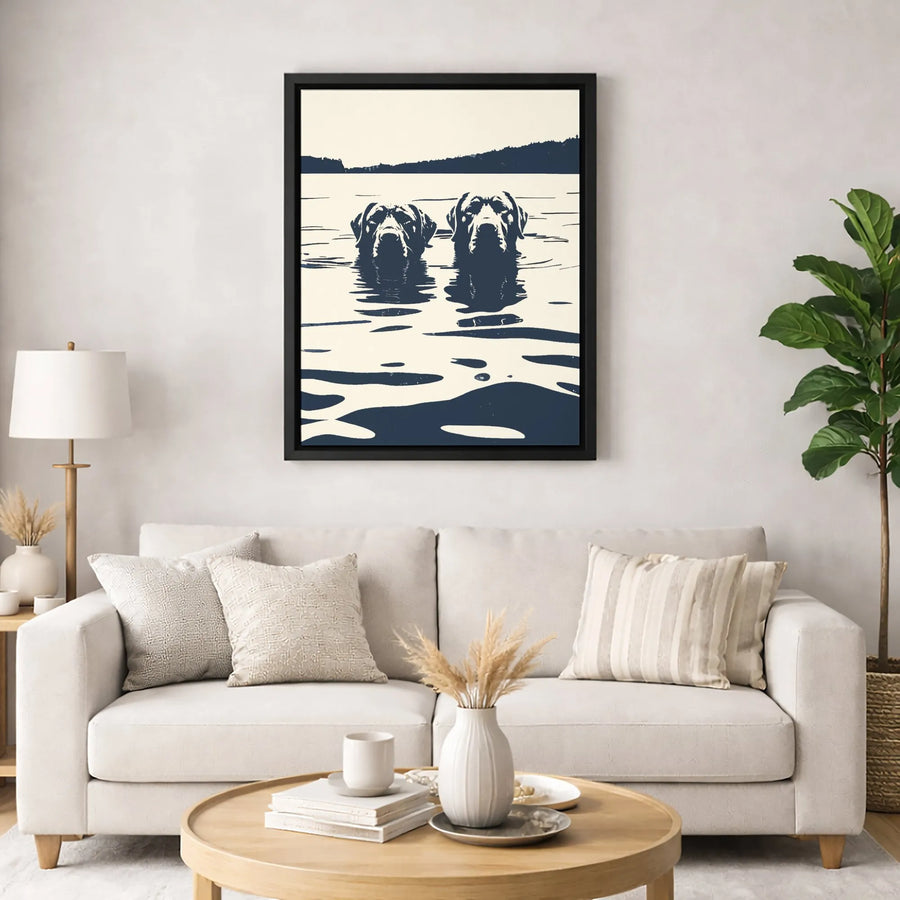 Labrador Retriever Canvas Art | Minimalist Two Dogs Swimming Lake Print | Gallery Quality 1.25 Inch Wrap | Dog Lover Home Decor Gift
