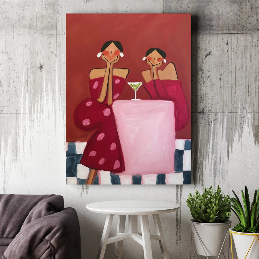Modern Women Art Canvas | Abstract Two Women with Martini Print | Premium Gallery Wrapped Canvas | Minimalist Bar Cart Art & Home Decor Gift