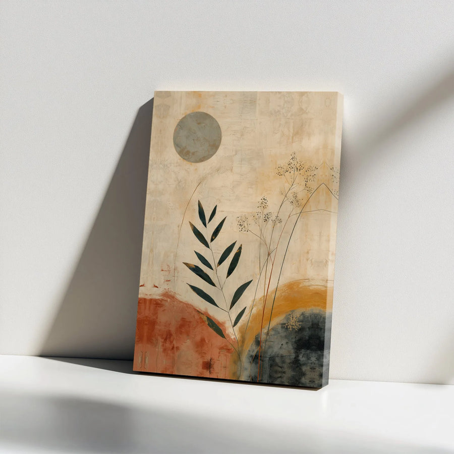 Abstract Botanical Canvas Wall Art | Modern Japandi Leaf & Sun Print | Premium Gallery Wrapped Canvas | Modern Home Decor Gift