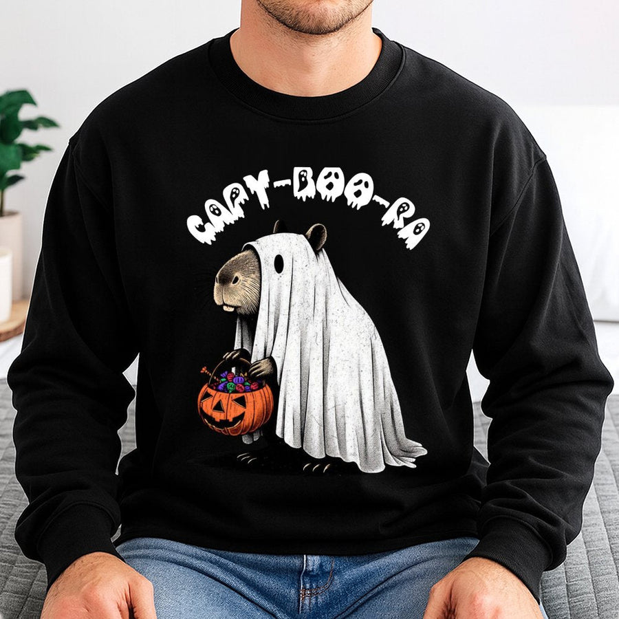Capybara Ghost Sweatshirt | Funny Cappy-Boo-Ra Halloween Graphic | Premium Cotton Blend Crewneck | Spooky Season Gift For Animal Lovers