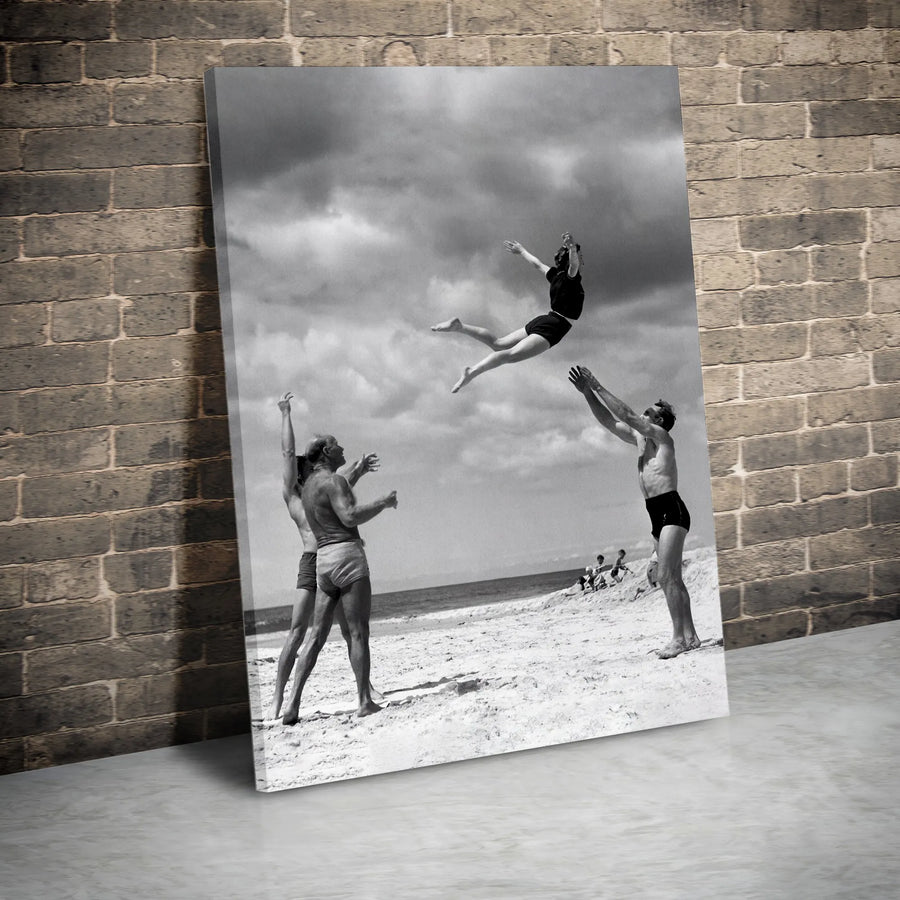 Vintage Beach Photography Canvas | Joyful Beach Acrobats Wall Art | Premium Gallery Style Print | Collector's Vintage Coastal Home Decor