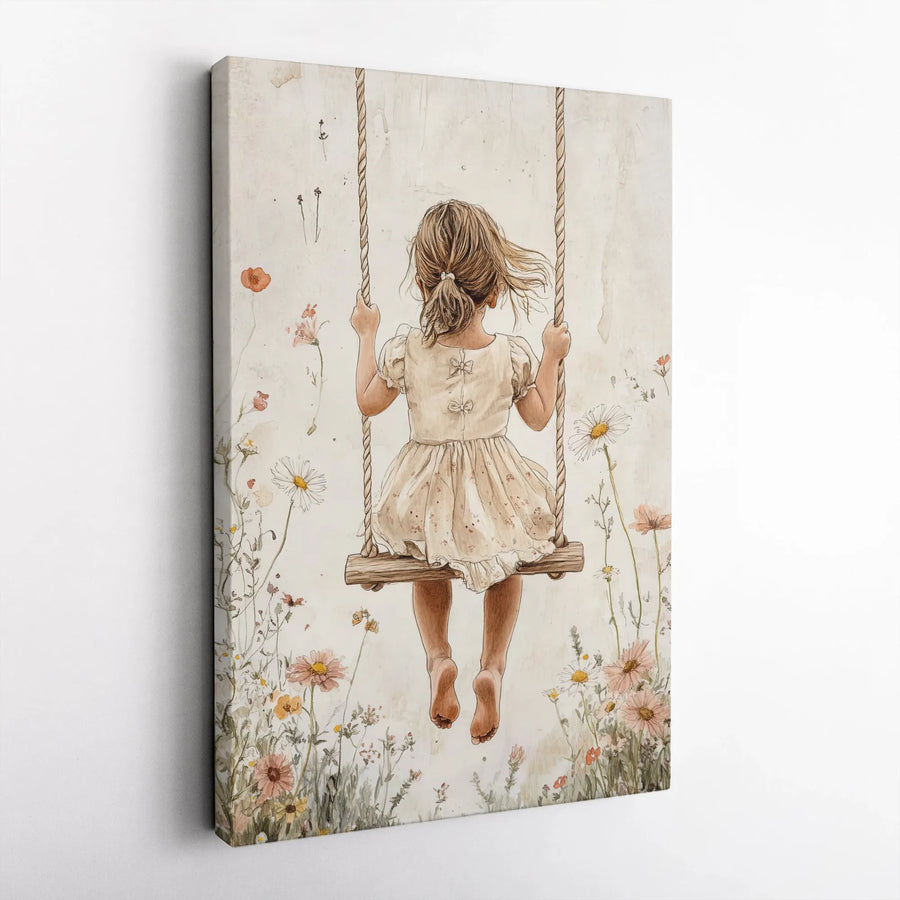 Girl on a Swing Wall Art | Watercolor Wildflower Meadow Print | Premium 1.25-Inch Gallery Canvas | Whimsical Nursery & Home Decor Gift