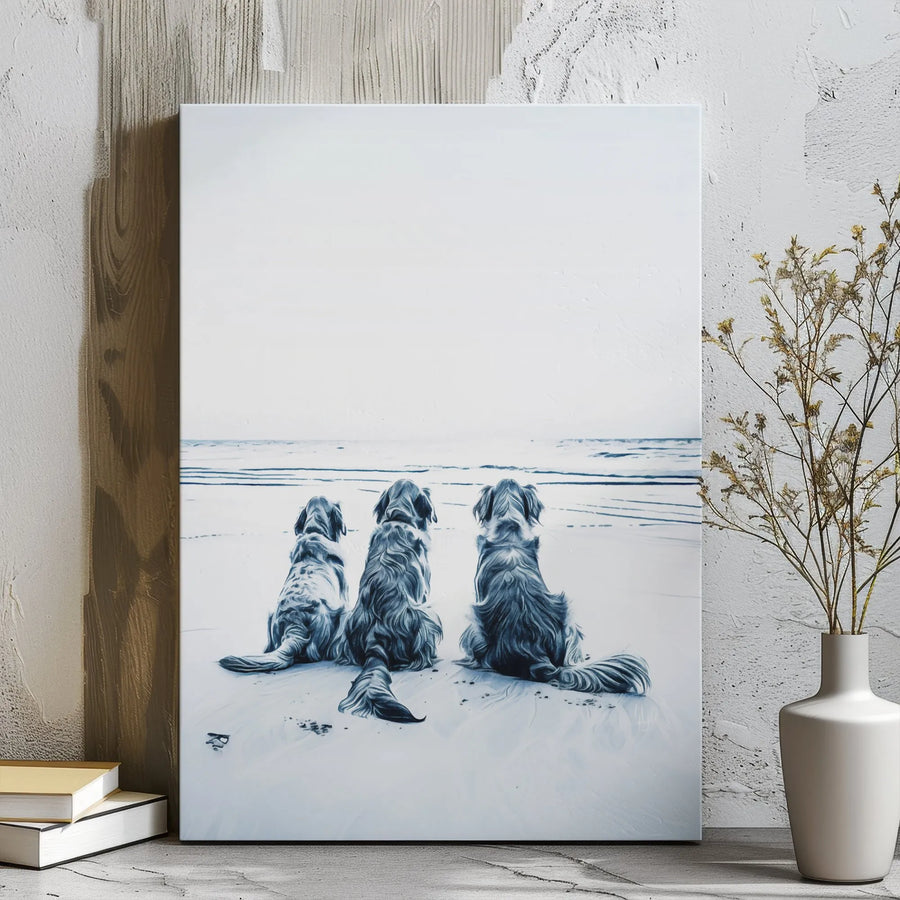 Three Dogs On Beach Canvas Wall Art | Serene Coastal Painting | Premium Gallery Wrap Print | Thoughtful Gift For Dog Lovers & Pet Owners