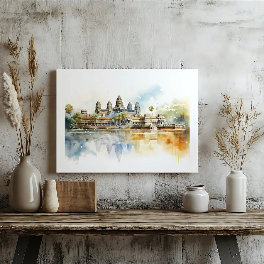 Angkor Wat Canvas Print | Watercolor Temple Reflection Wall Art | 1.25-Inch Premium Gallery Wrap | Travel Decor Gift for Wanderlust Collectors