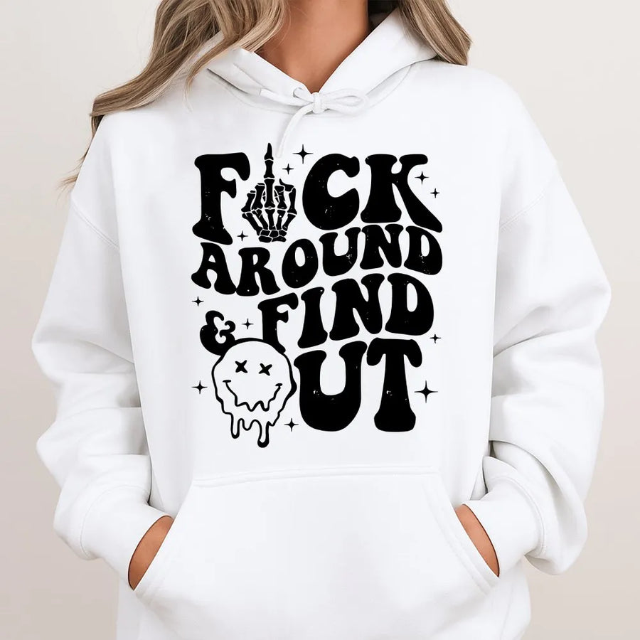 Fuck Around and Find Out Hoodie | Retro Skeleton Hand Graphic | Soft Cotton Blend | Sarcastic Unisex Gift