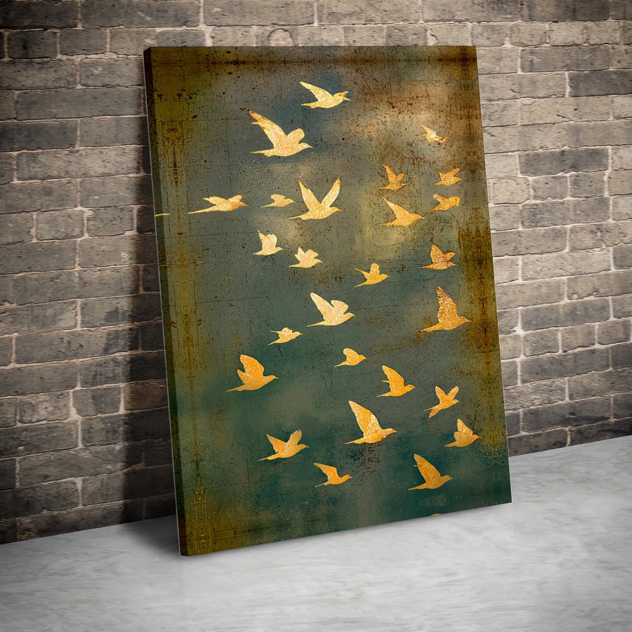 Golden Birds Canvas Wall Art | Rustic Art with Gold Bird Silhouettes | Premium Gallery Wrapped Canvas | Modern Farmhouse Living Room Decor Gift