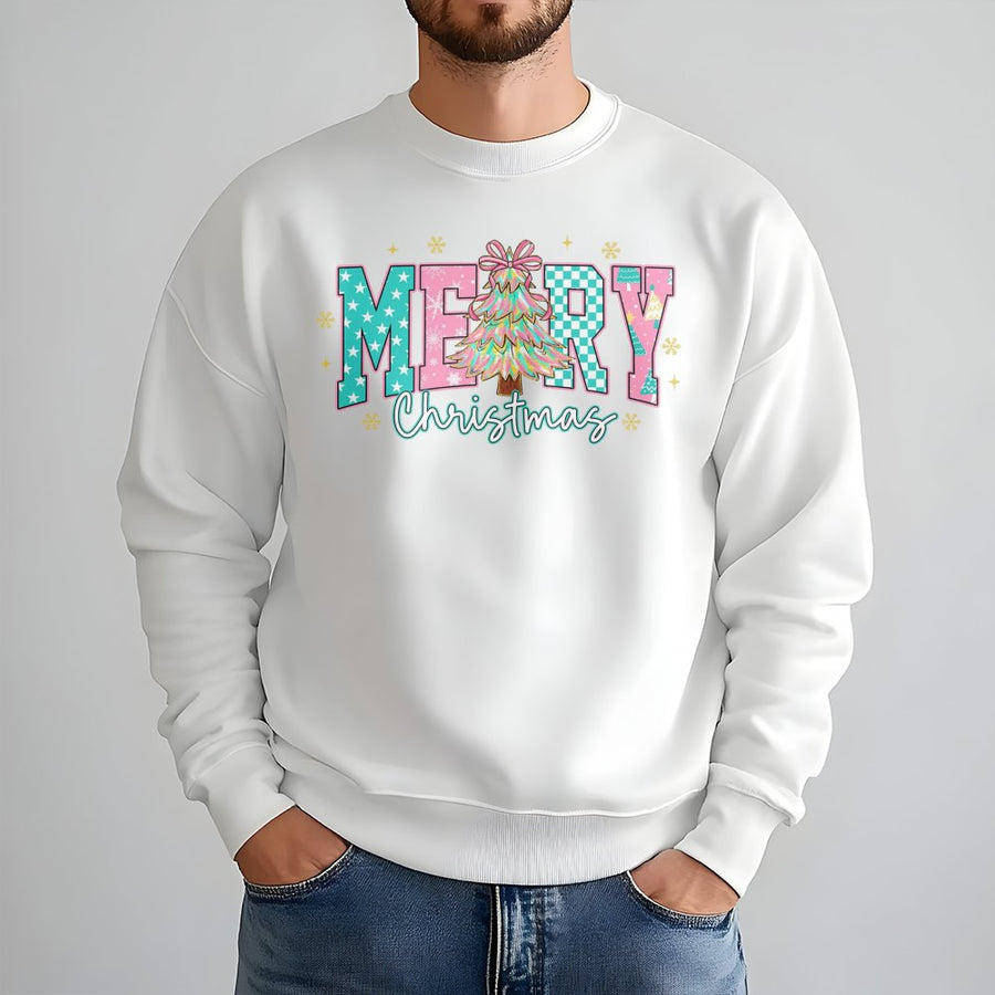 Merry Christmas Sweatshirt | Pastel Checkered Tree Graphic | Premium Cotton Blend | Cute Aesthetic Holiday Gift for Women