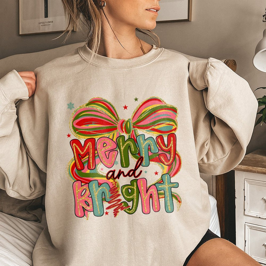 Merry and Bright Sweatshirt | Preppy Coquette Christmas Bow Design | Premium Cotton Blend | Festive Holiday Gift for Women