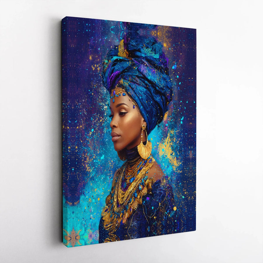 African Queen Canvas Art | Regal Galaxy Portrait with Blue Headwrap | Premium Gallery-Wrapped Wall Decor | Empowering Black Woman Art Print Gift