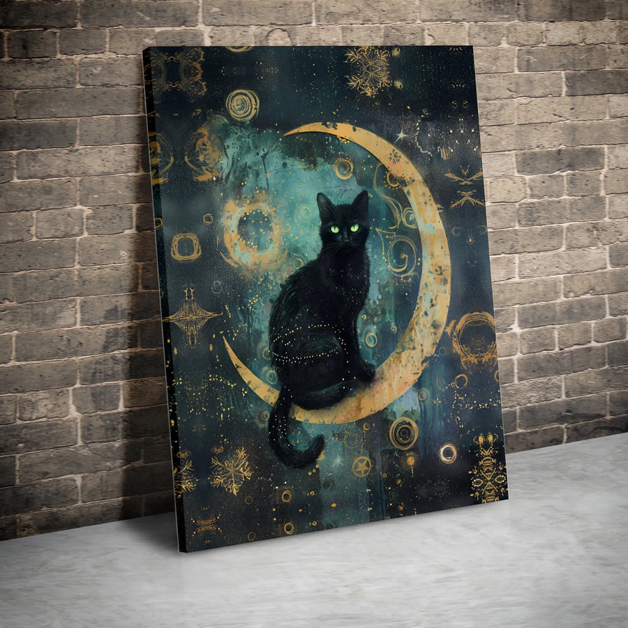 Mystical Black Cat Canvas Art | Celestial Crescent Moon Design | Premium Gallery-Wrapped Print | Witchy Home Decor Gift