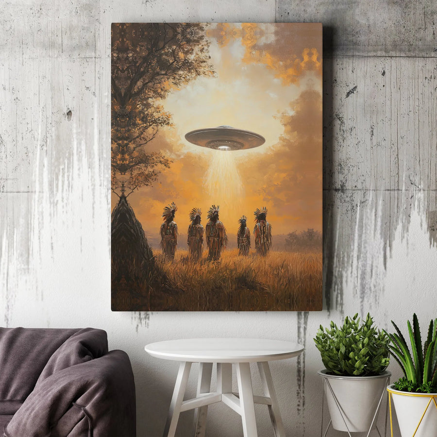 Native American Alien Encounter Canvas | UFO Sci-Fi Surreal Art | Premium Fade-Resistant Wall Decor | Gift for Space and History Enthusiasts