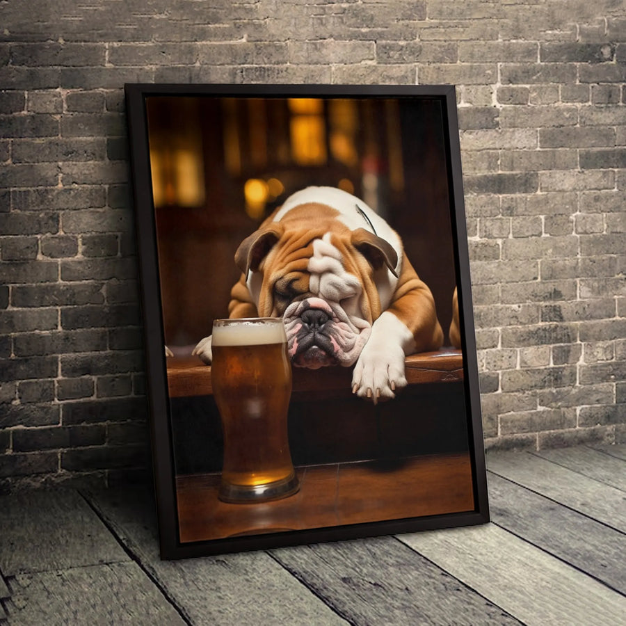 English Bulldog Beer Canvas Art | Funny Pub Dog Portrait | Premium Fade-Resistant Gallery Wrap | Perfect Bar Decor Gift for Dog Lovers