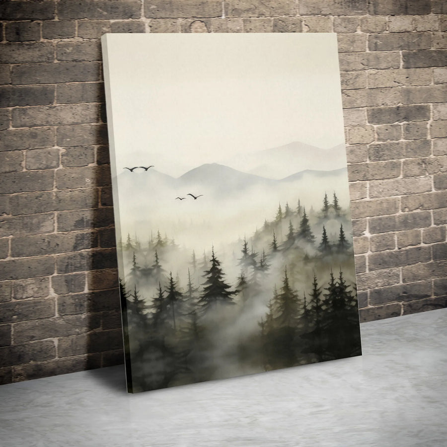 Misty Mountain Forest Canvas Wall Art | Watercolor Pine Tree Landscape | Premium Gallery Wrap Print | Modern Nature Decor for Living Room