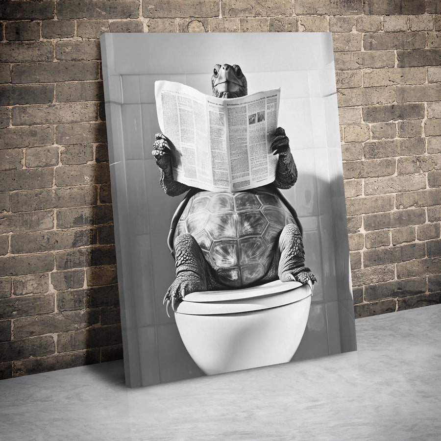 Turtle on Toilet Wall Art | Funny Bathroom Decor Reading Newspaper | Premium Gallery Wrapped Canvas | Whimsical Animal Home Gift