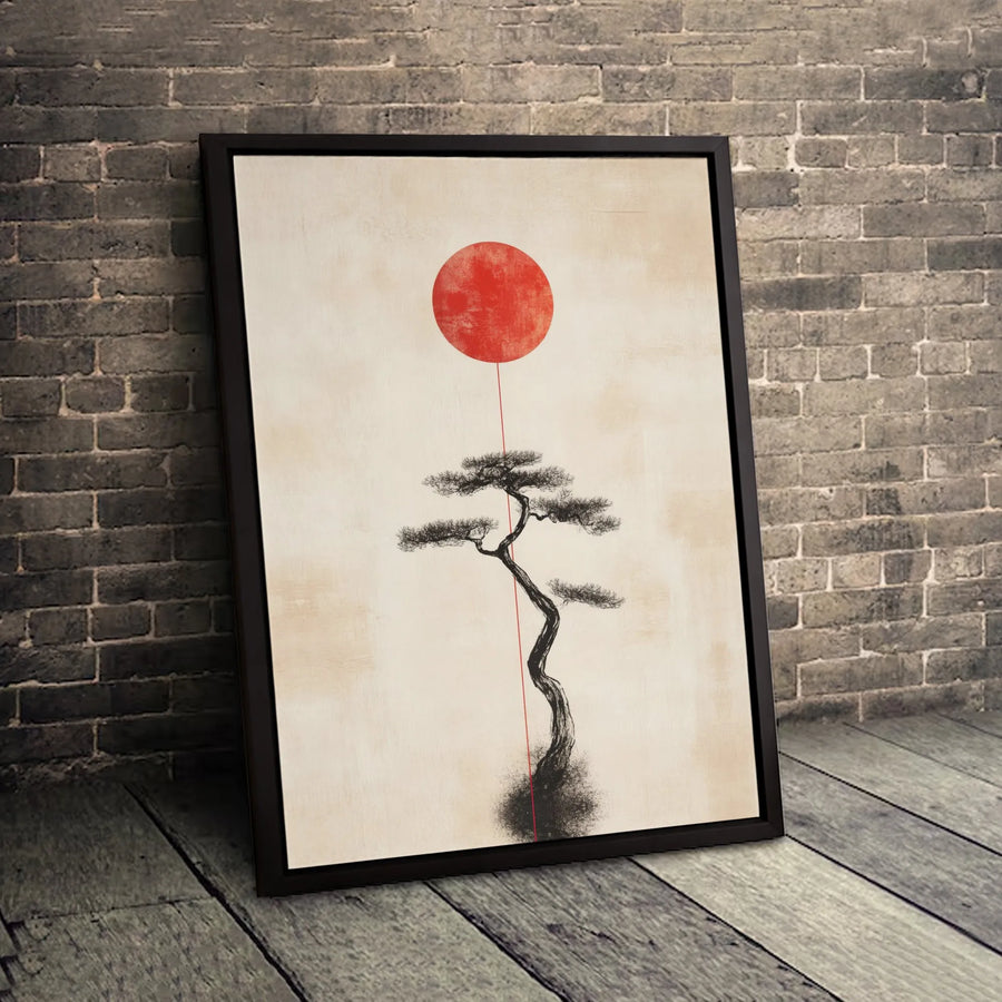 Japanese Bonsai Tree Canvas Wall Art | Minimalist Red Sun Ink Wash Design | Gallery Quality 1.25" Profile | Zen Home Decor for Living Room