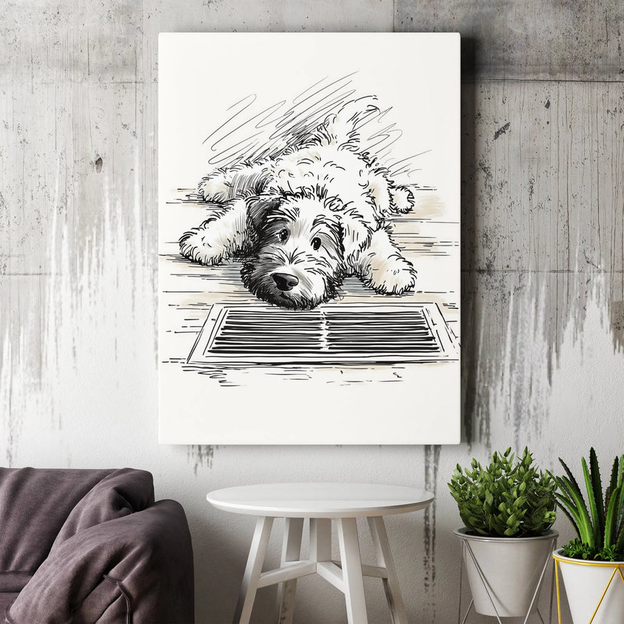 Shaggy Dog Sketch Wall Art | Cozy Puppy Illustration by Floor Vent | 1.25 Inch Gallery Wrap Canvas | Premium Pet Lover Gift Home Decor
