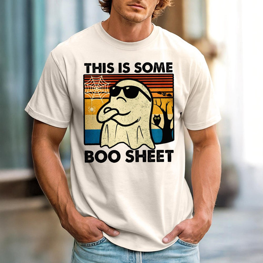This Is Some Boo Sheet T-Shirt | Retro Ghost Graphic Halloween Tee | 100% Cotton Premium Quality | Funny Spooky Season Gift For Him And Her
