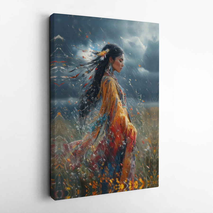 Native American Woman Wall Art | Dreamy Boho Portrait in Wind | Premium Gallery Wrapped Canvas | Spiritual Home Decor Gift