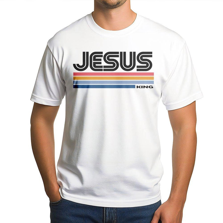 Jesus King T-Shirt | Retro 70s Striped Vintage Design | 100% Premium Cotton Tee | Christian Faith Apparel Gift for Men and Women