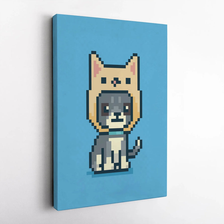 Pixel Art Dog in Cat Hoodie Canvas | Cute 8-Bit Animal Wall Art | 1.25-Inch Premium Gallery Wrap | Modern Home Decor Gift for Gamers
