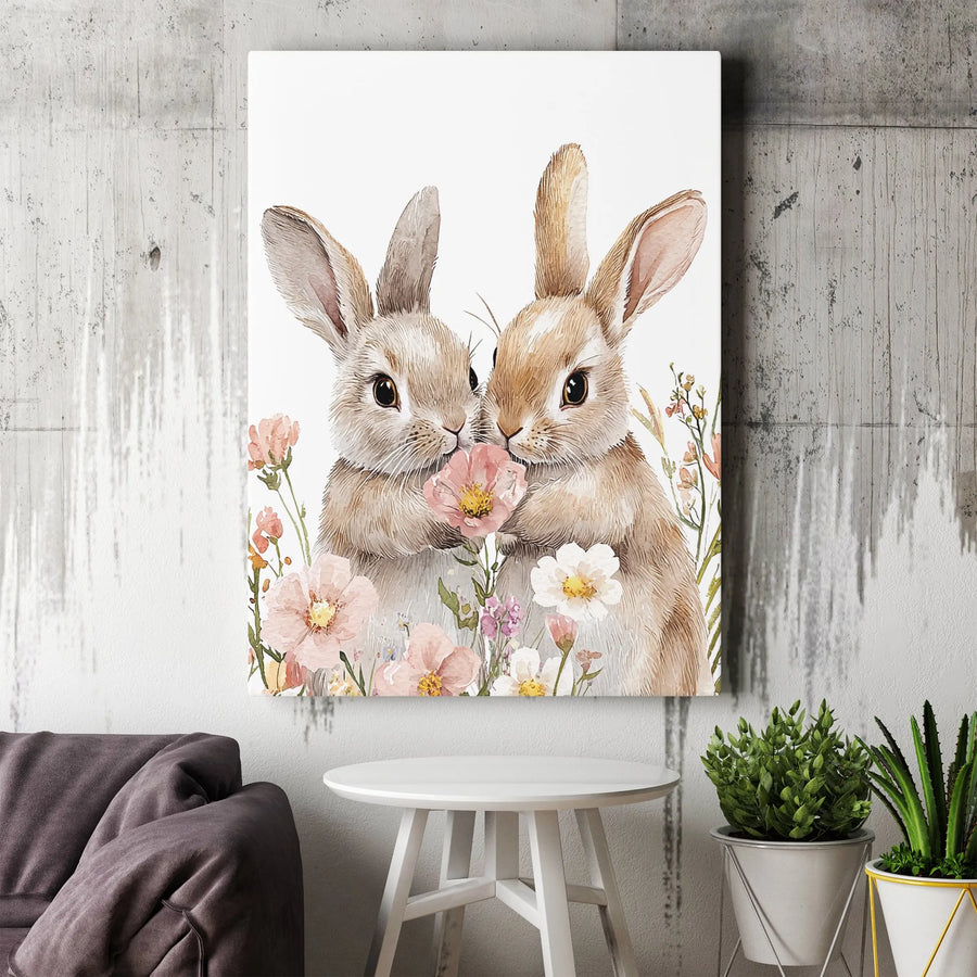 Watercolor Bunny Canvas Print | Cute Rabbit Floral Art | Premium Gallery Wrapped Wall Decor | Nursery And Farmhouse Home Gift